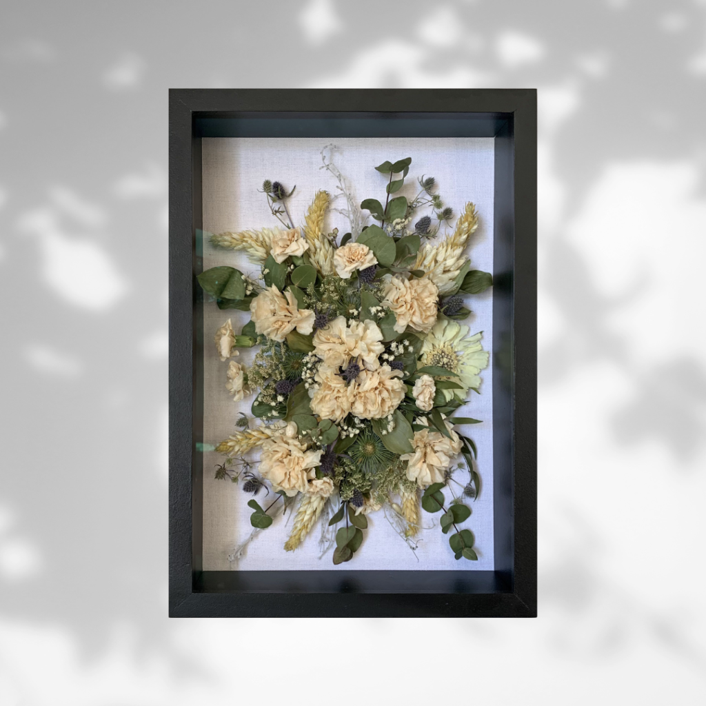 Flower Preservation Shadow Box Green and White Bouquet