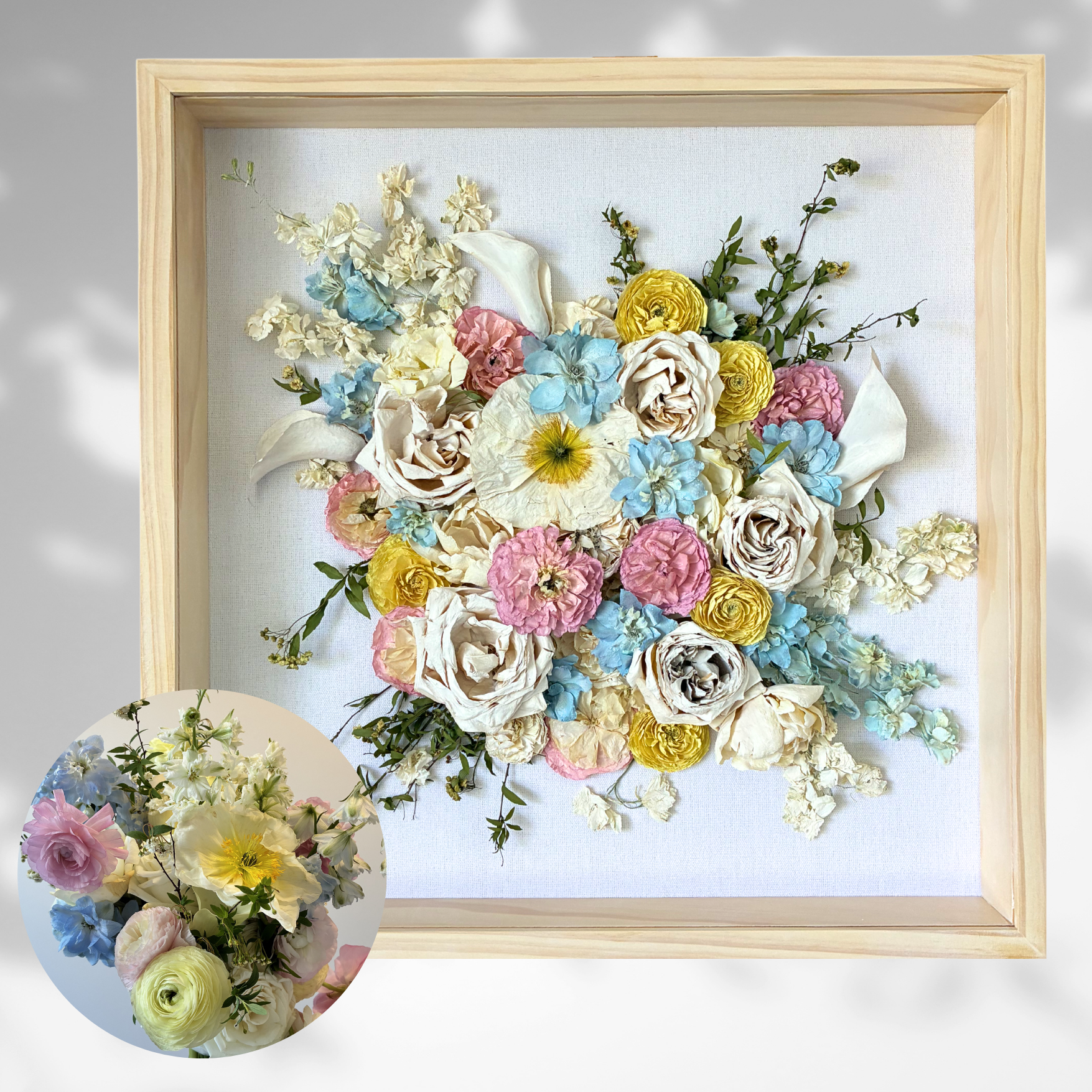 Flower (66) white, blue, pink, yellow bridal bouquet preserved and frames in a light timber frame with a white background